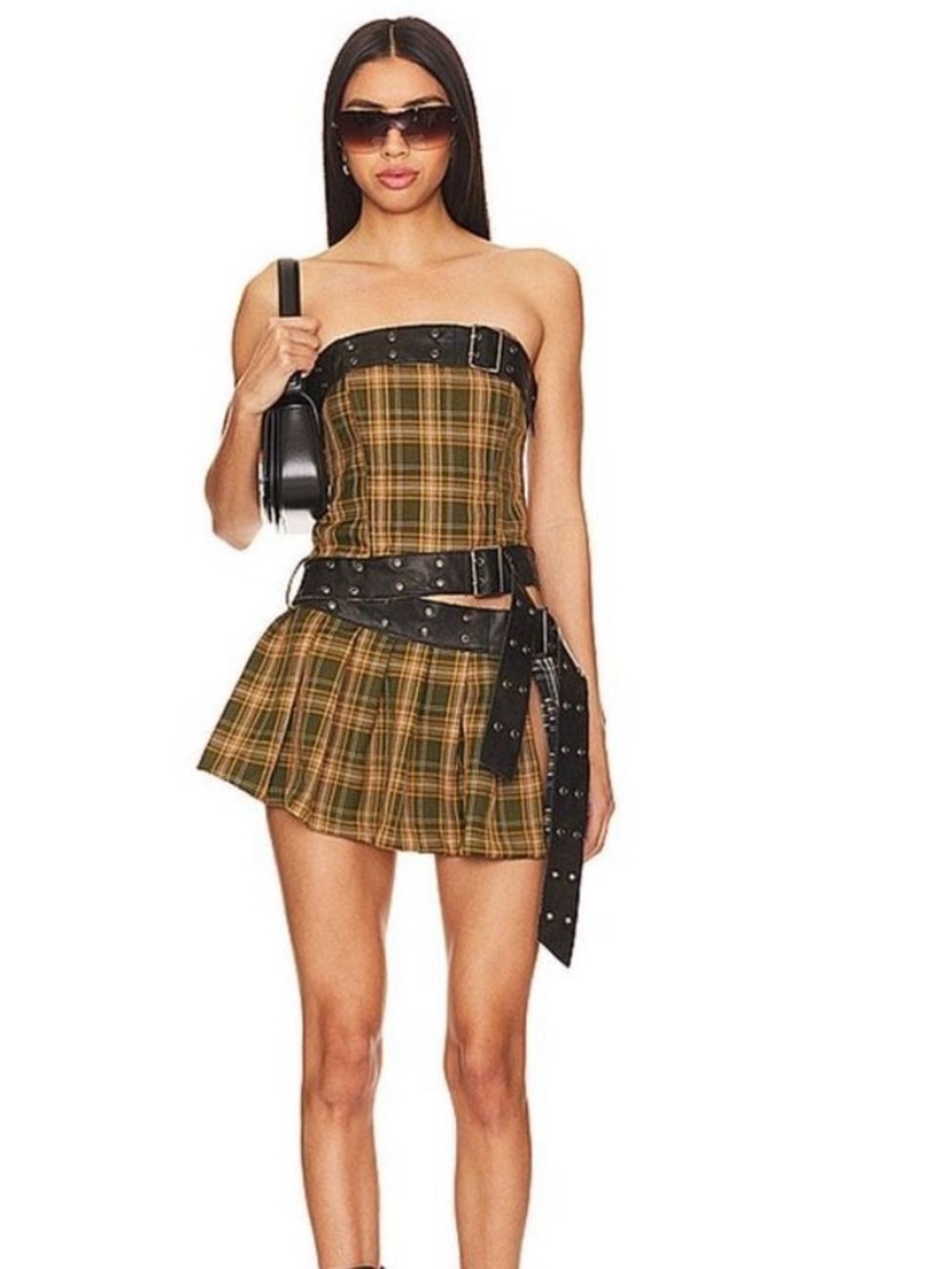 Jaded London Olive Yellow Plaid Strapless Mini Dress with Studded Belt